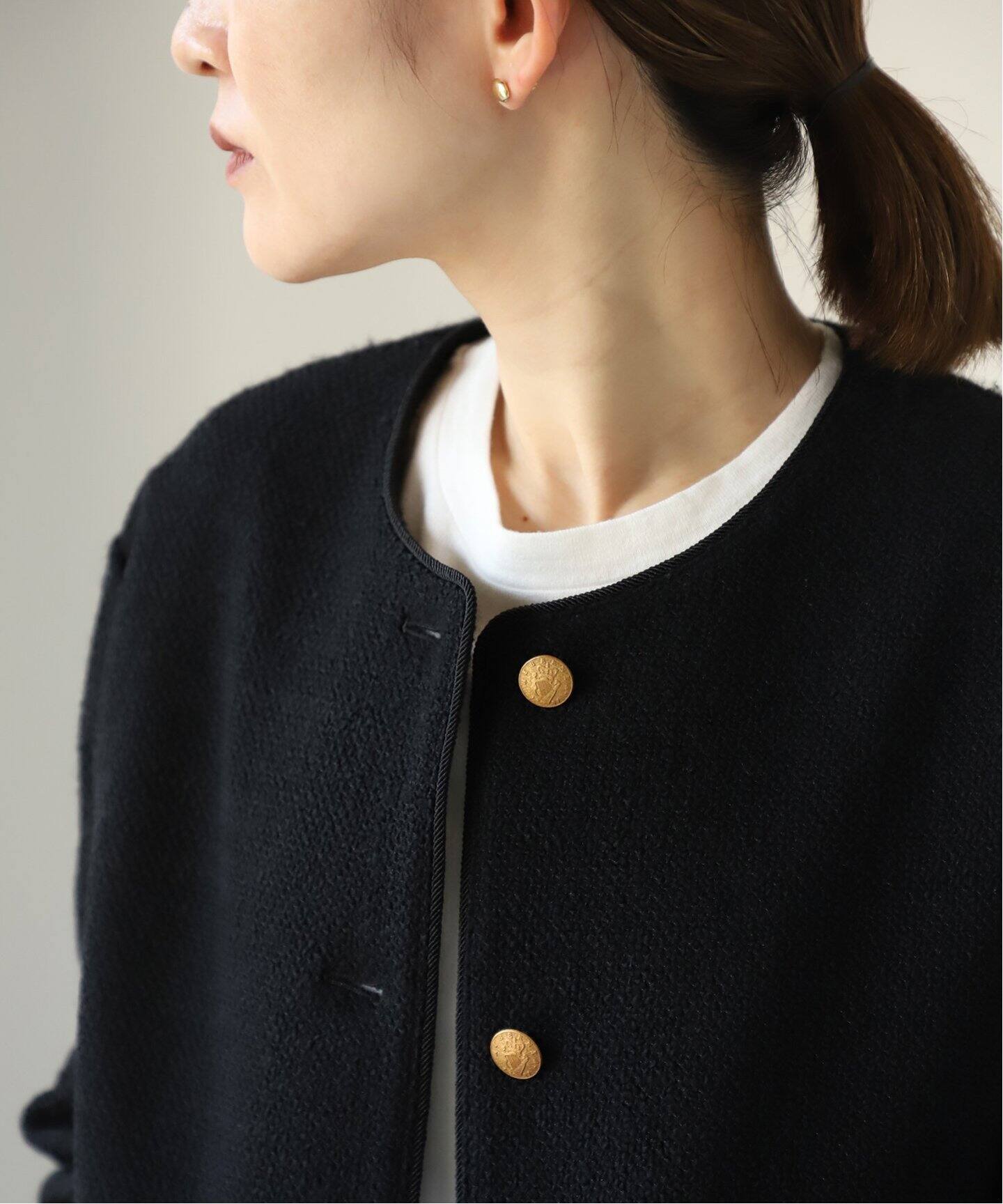 IENA】ノーカラーコート ツイード ヘリンボーン モヘア ブラック S  