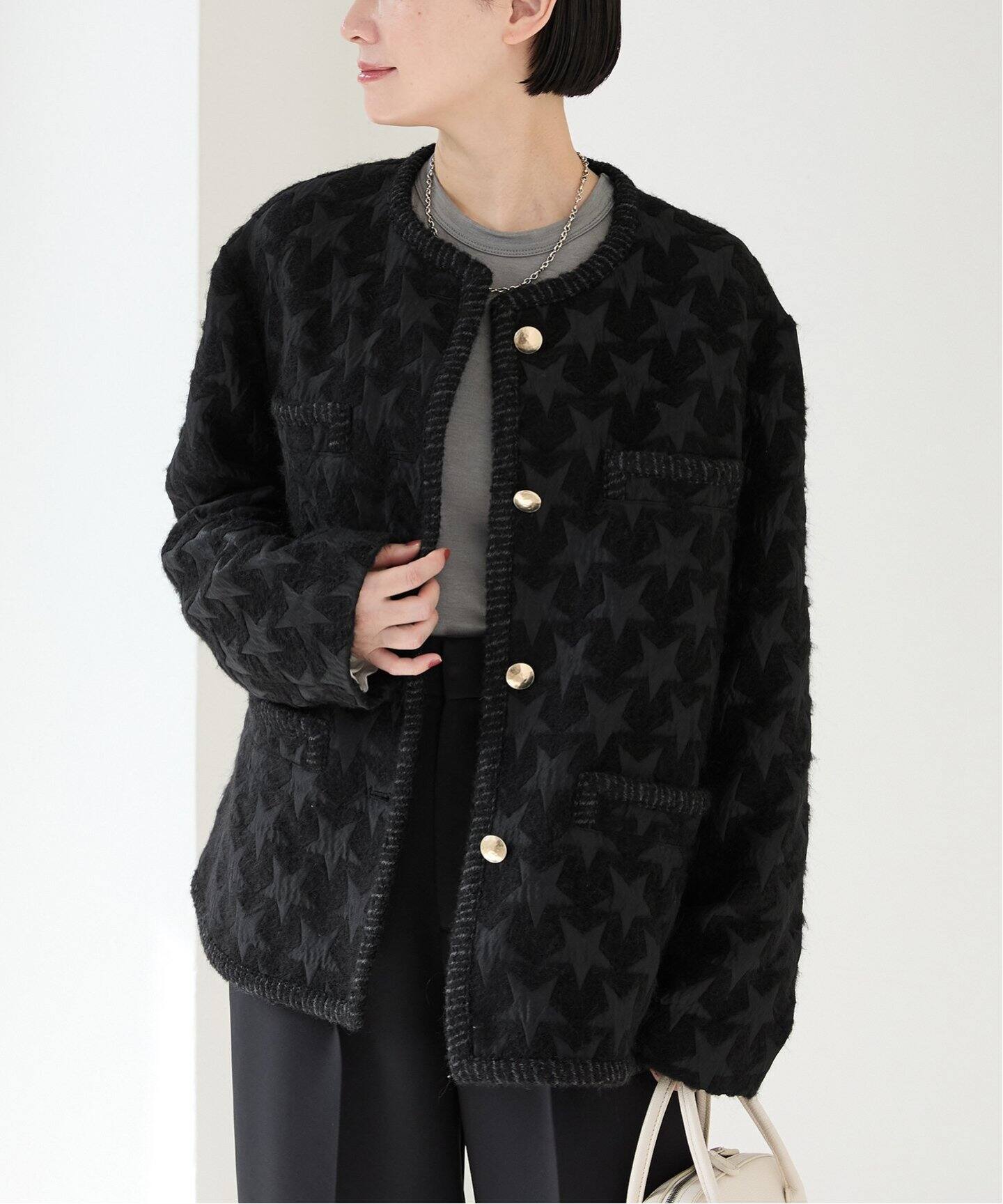 CABaN ウールコットンダブルフェイス カラーレスジャケット（ノー  