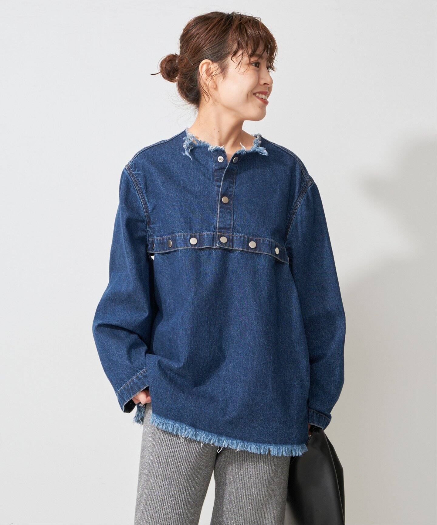sandro】BLUE×BEIGEチェック 生温い コンビ デニム ジャケット
