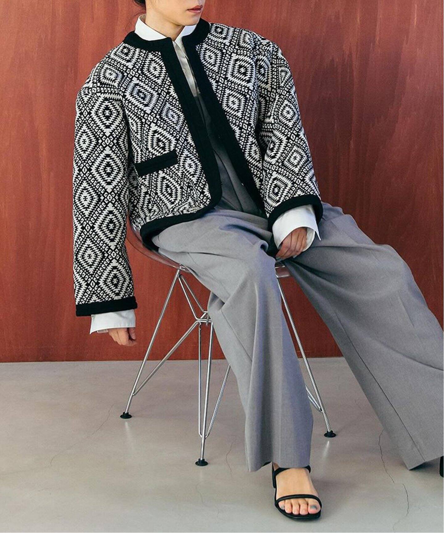 オリエンタルジャガードノーカラージャケット（ノーカラージャケット  