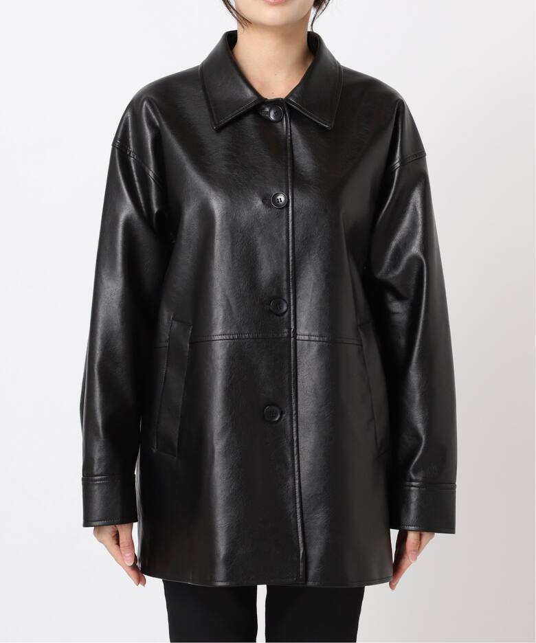 ウォッシャブル フェイクレザーファー襟付カバーオール（レザー  