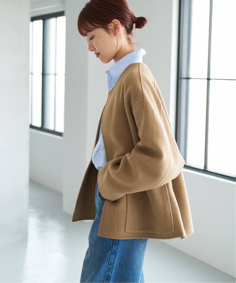 追加》ビーバーストール付きショートコート（ノーカラーコート 