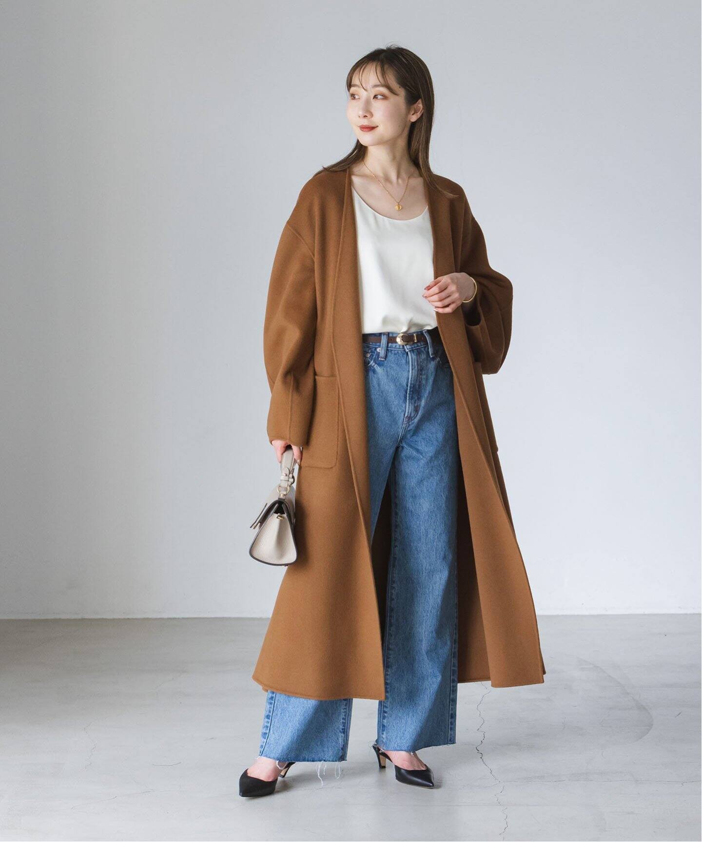 Super160sパフスリーブロングコート（ノーカラーコート）｜NOBLE