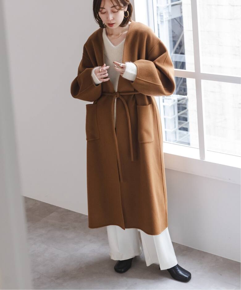 Super160sパフスリーブロングコート（ノーカラーコート）｜NOBLE 