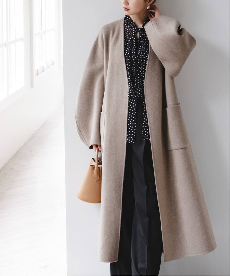 Super160sパフスリーブロングコート（ノーカラーコート）｜NOBLE  