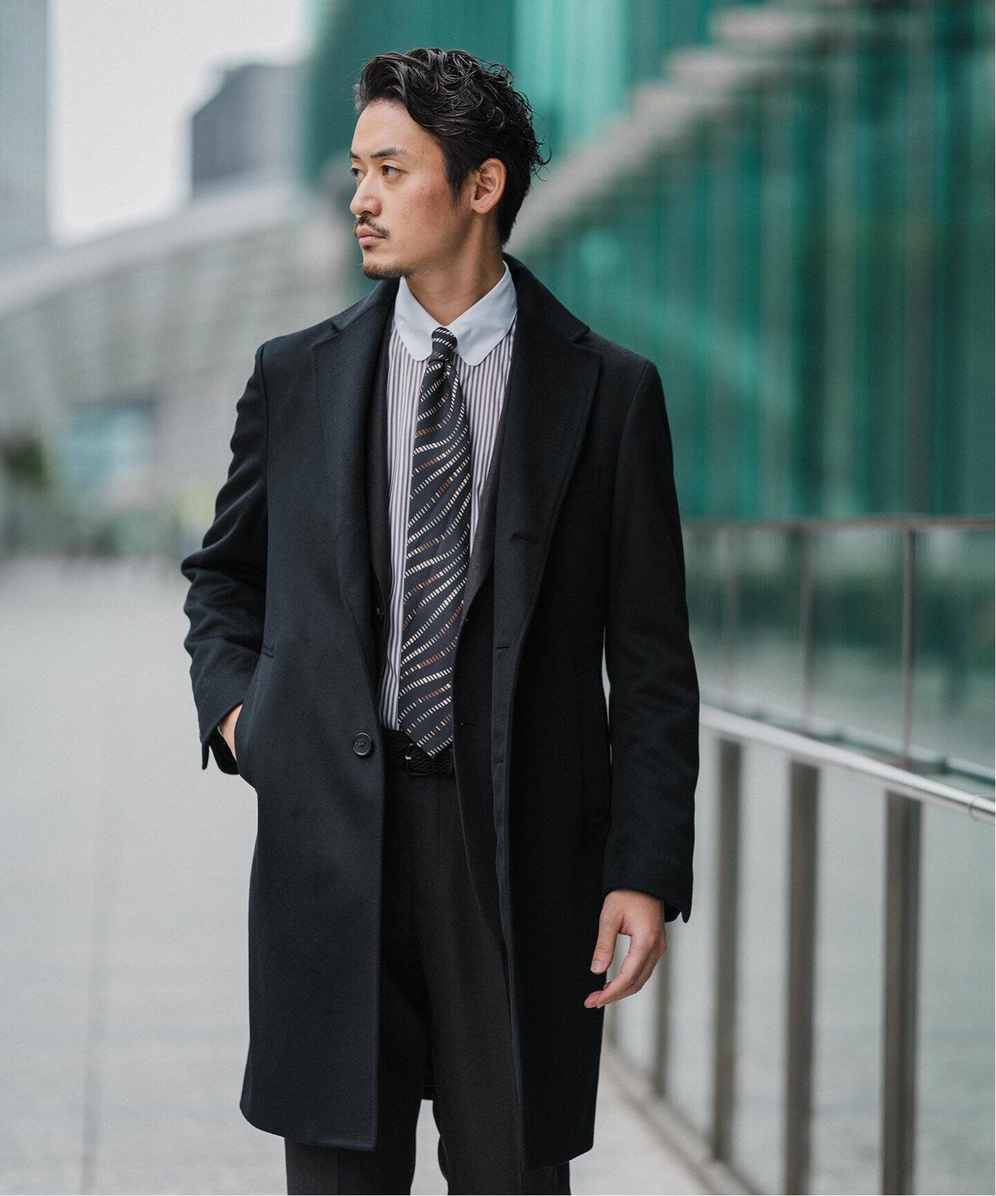 美品 エディフィス チェスターコート カシミヤ ロング ブラック S SUPER 140's ウール / カシミヤ チェスターコート（チェスターコート