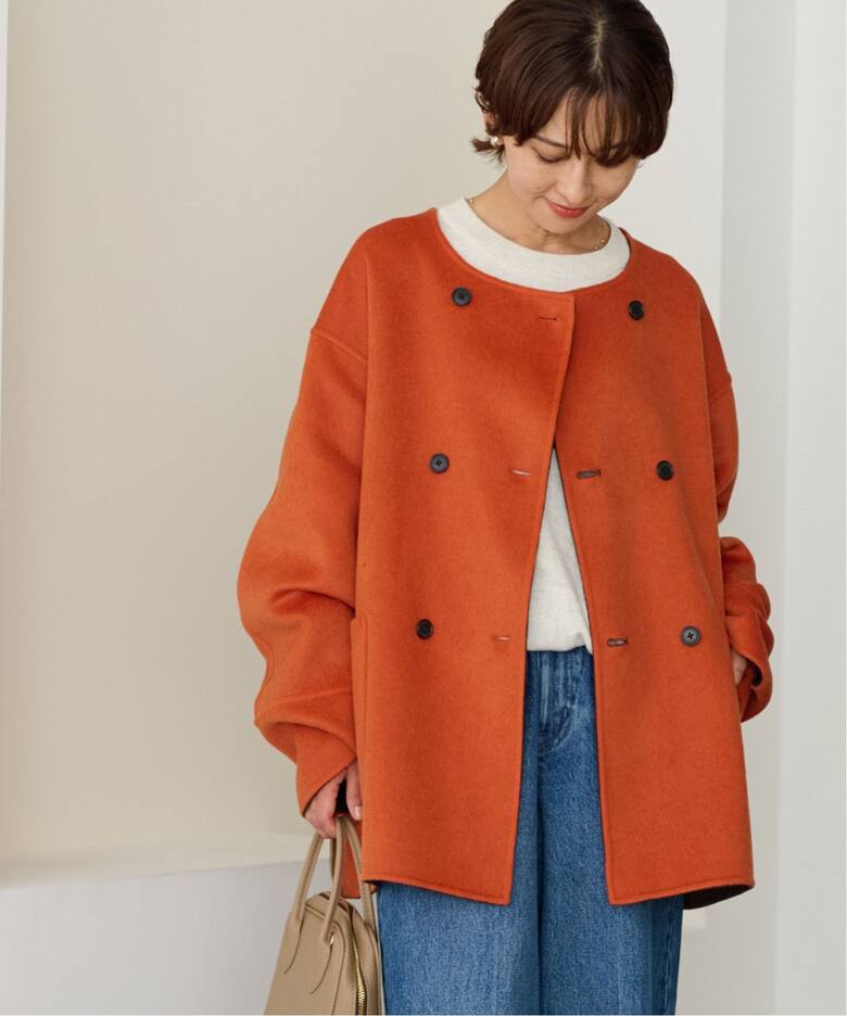 追加》リバーシブルノーカラーショートコート（ノーカラーコート 