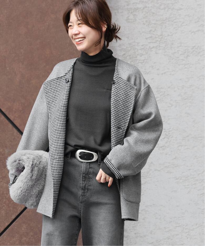 追加》リバーシブルノーカラーショートコート（ノーカラーコート  