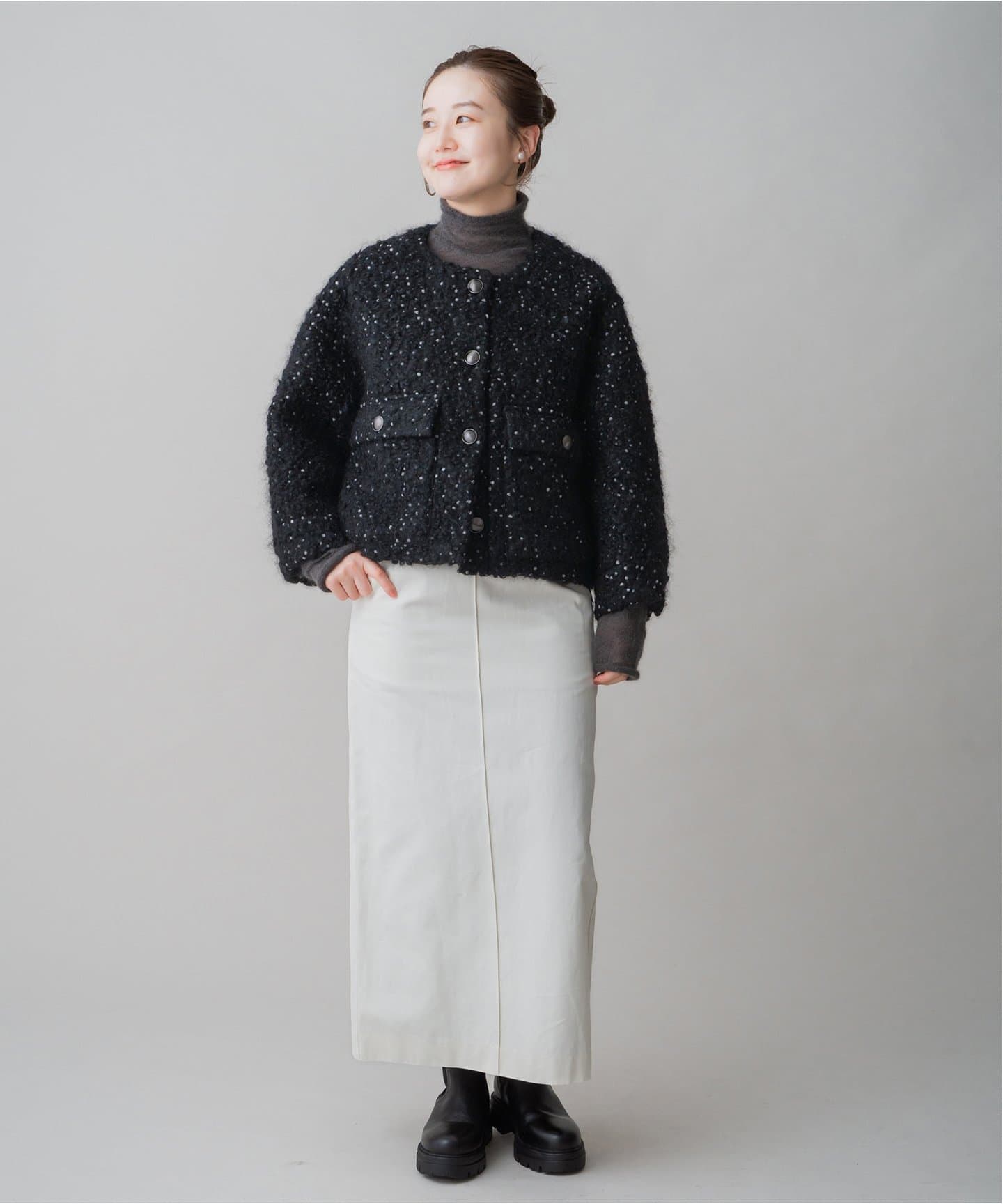 新品タグ付 イエナ 5.1万円　モヘヤ ループ ツイード ノーカラー コート 黒 モヘヤループ ドットショートコート（ノーカラーコート）｜IENA