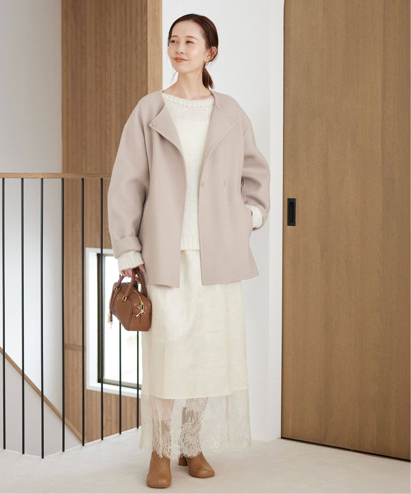 souple woolダブルフェイスノーカラーコート（ノーカラーコート 