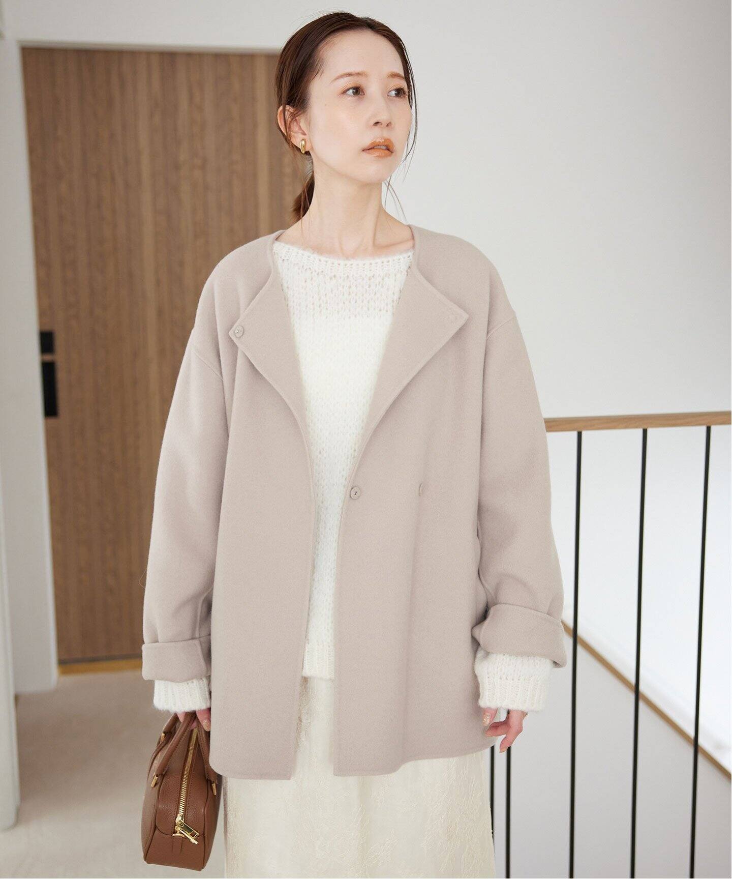 souple woolダブルフェイスノーカラーコート（ノーカラーコート 