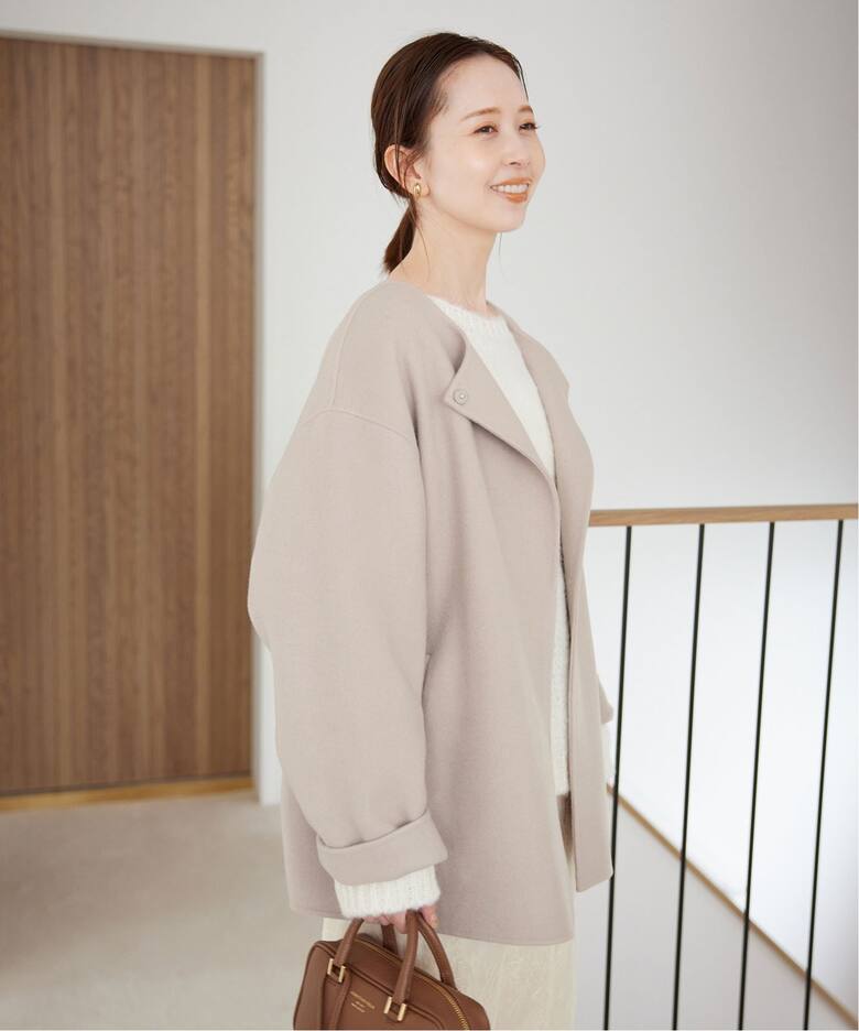 souple woolダブルフェイスノーカラーコート（ノーカラーコート 