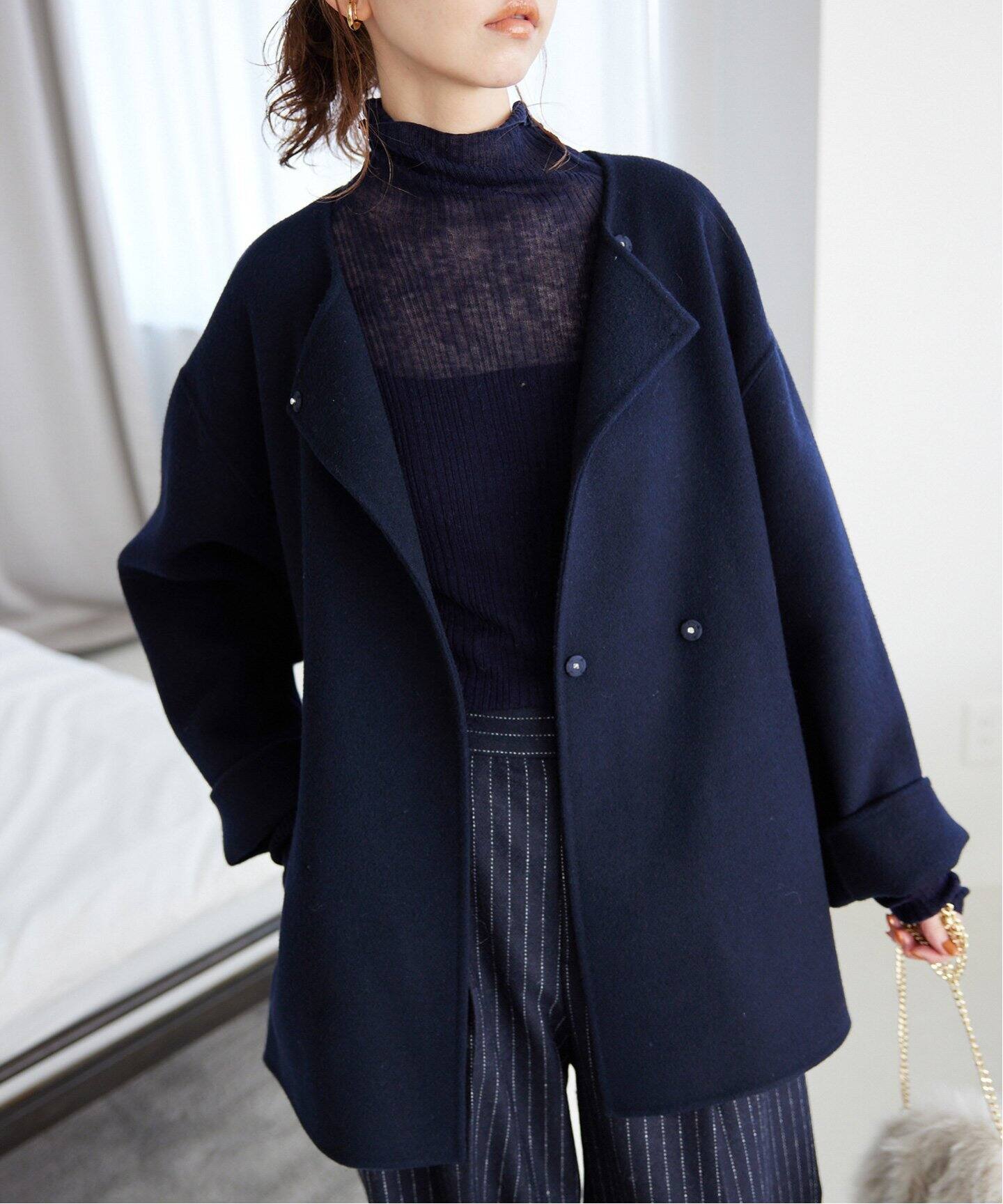 souple woolダブルフェイスノーカラーコート（ノーカラーコート 