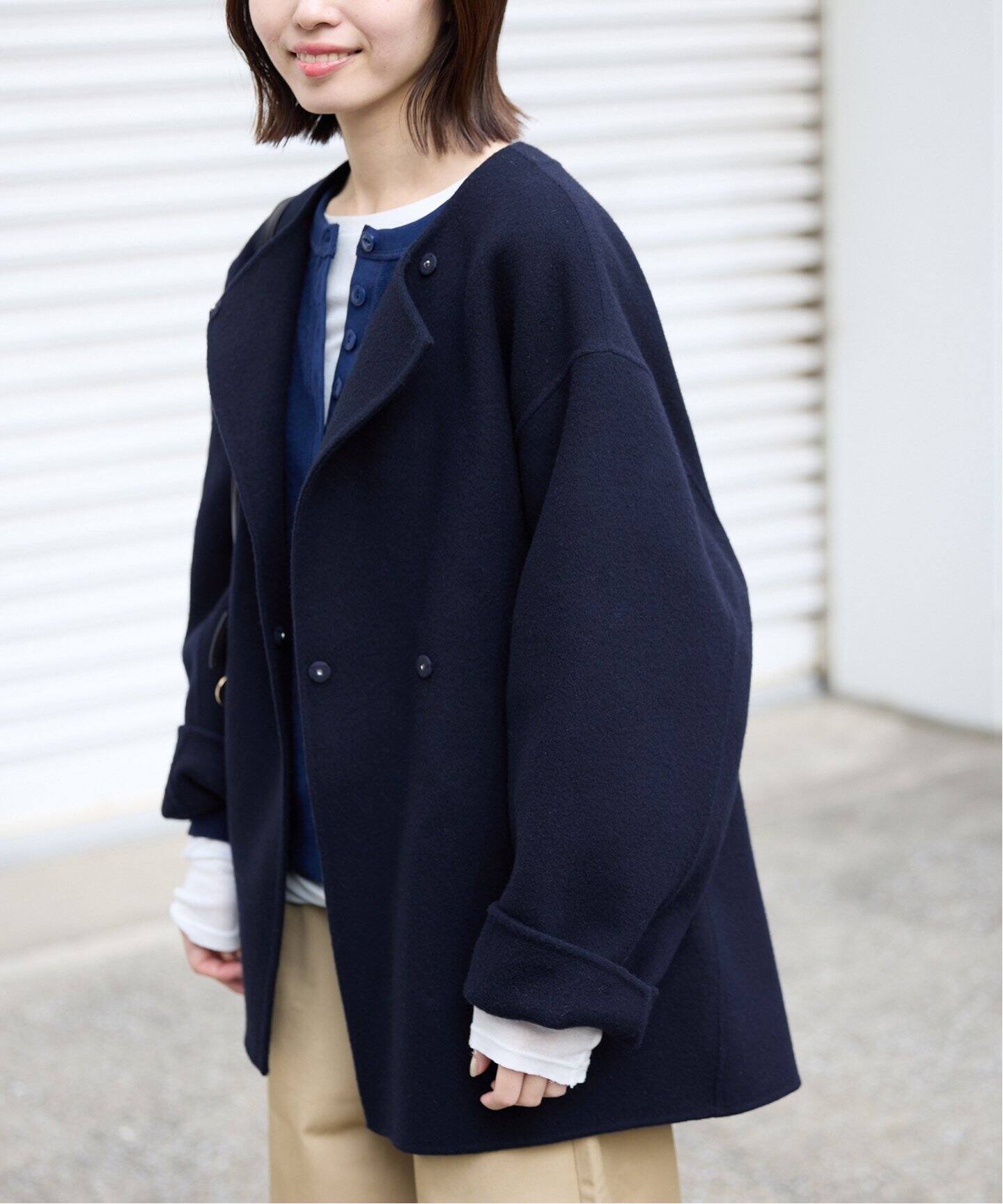 souple woolダブルフェイスノーカラーコート（ノーカラーコート 