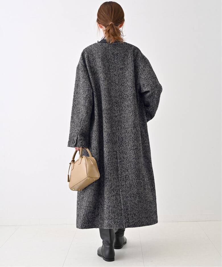 IENA】ノーカラーコート ツイード ヘリンボーン モヘア ブラック S  