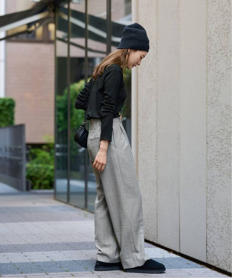 ウール100タックワイドテーパードパンツ（ストライプ）（スラックス 