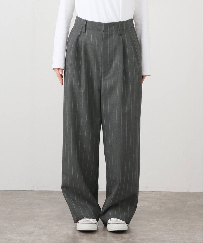 ウール100タックワイドテーパードパンツ（ストライプ）（スラックス 