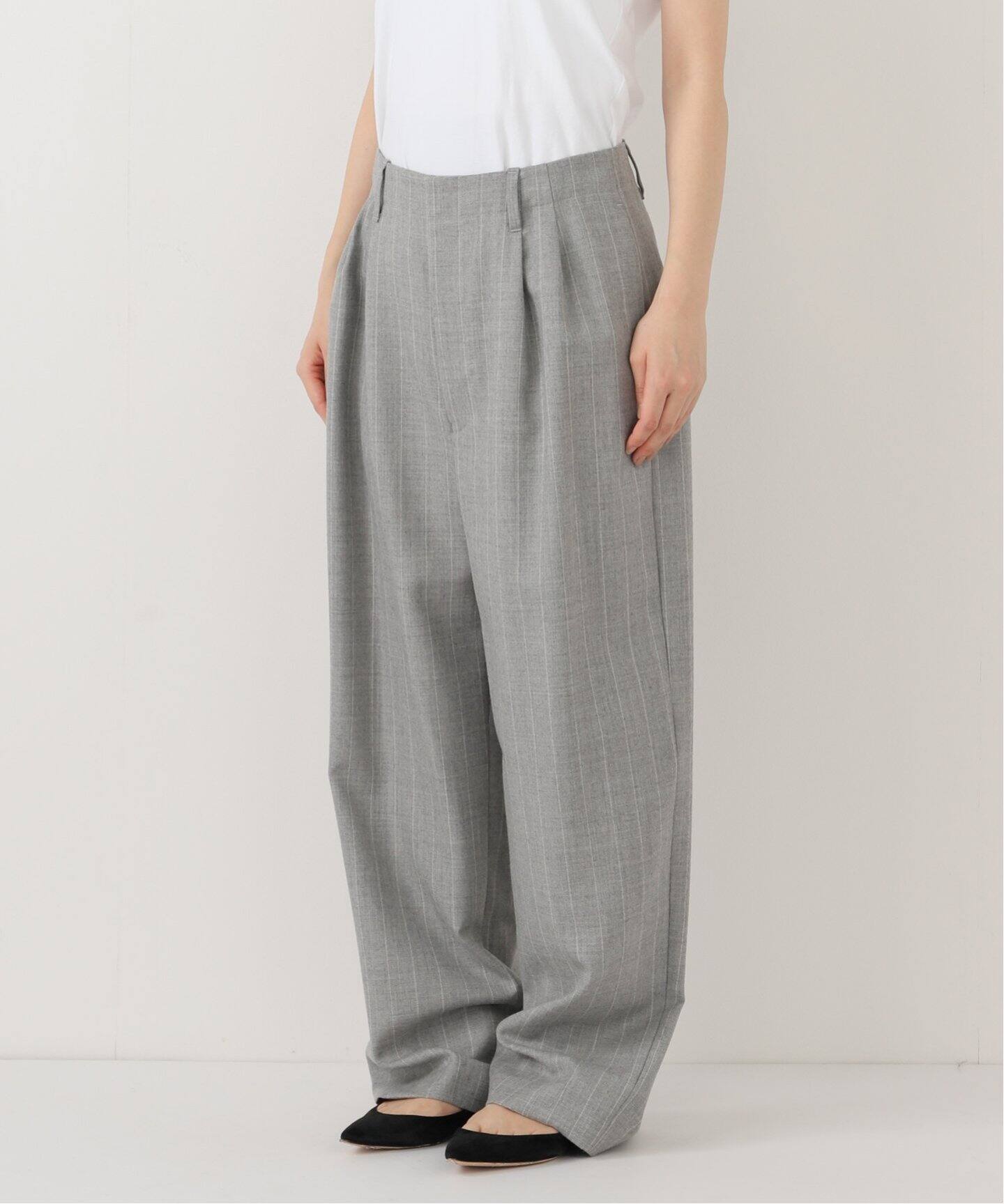 ウール100タックワイドテーパードパンツ（ストライプ）（スラックス 