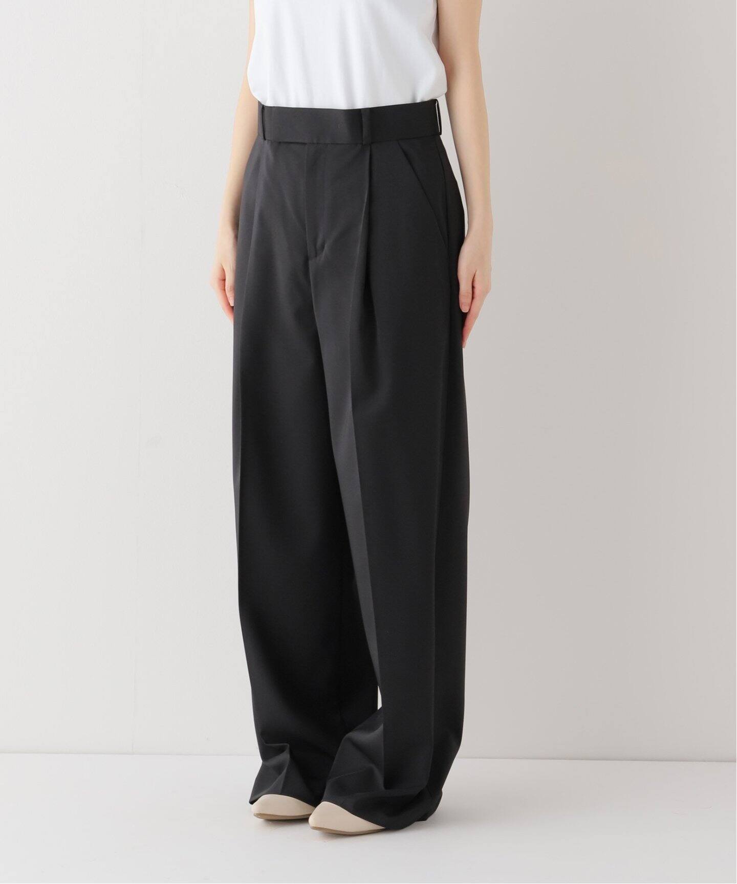 ★Noble ノーブル C/NY ストレッチリブ ニットパンツ　ブラウン ワイドパンツ ニットパンツ 低身長さん向け リブニット きれいめ