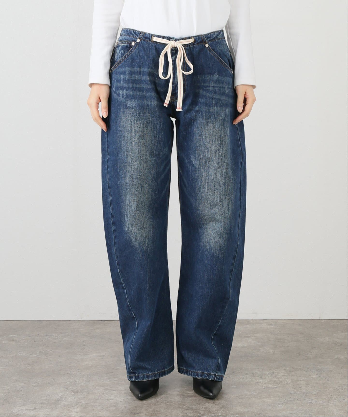 スカルプタービーズウエストデニムパンツインディゴブルー