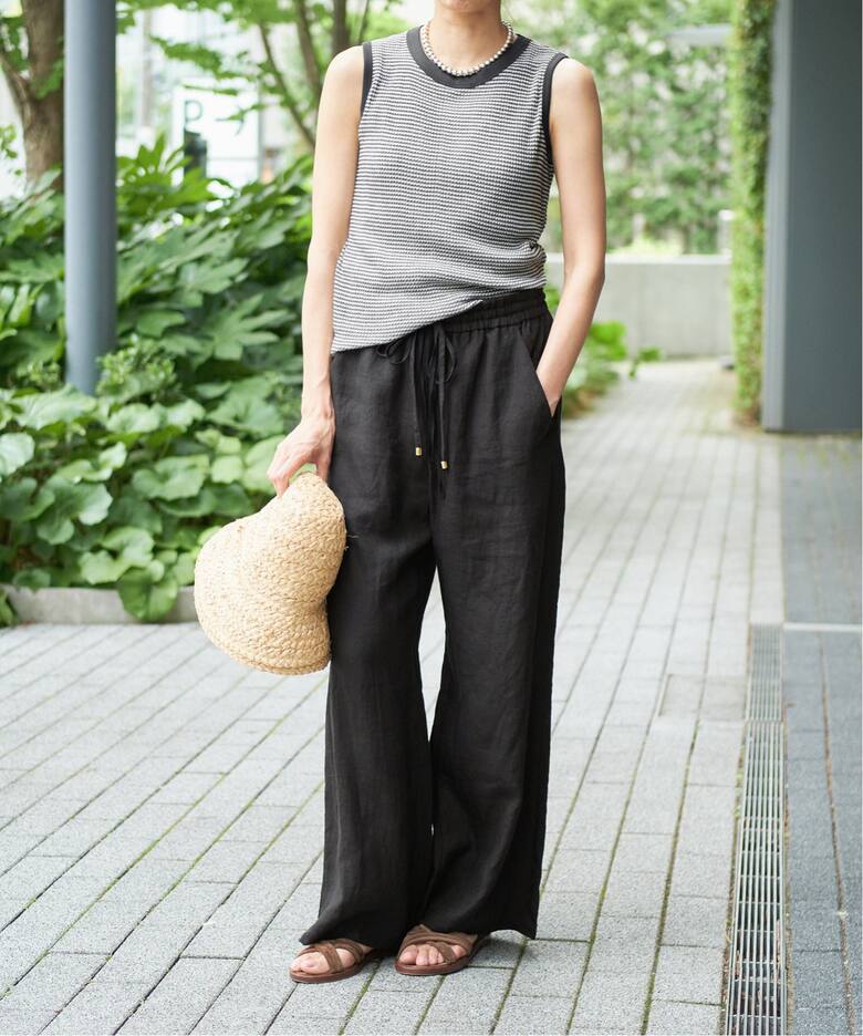 追加》IENA LA BOUCLE リネンブロードイージーパンツ(ブラック  