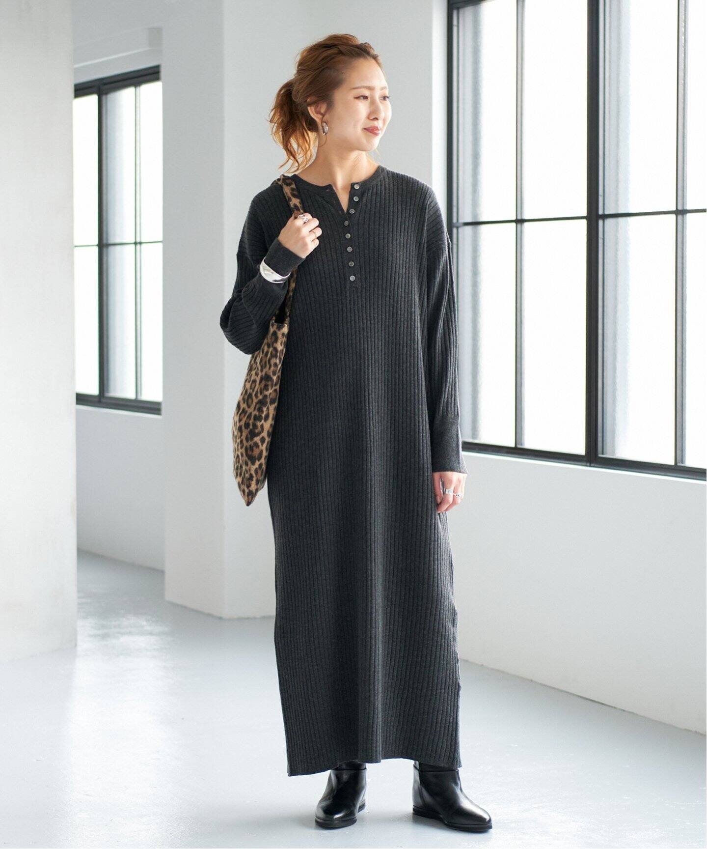 追加》ヘンリーネックリブニットワンピース（ワンピース）｜Spick and  