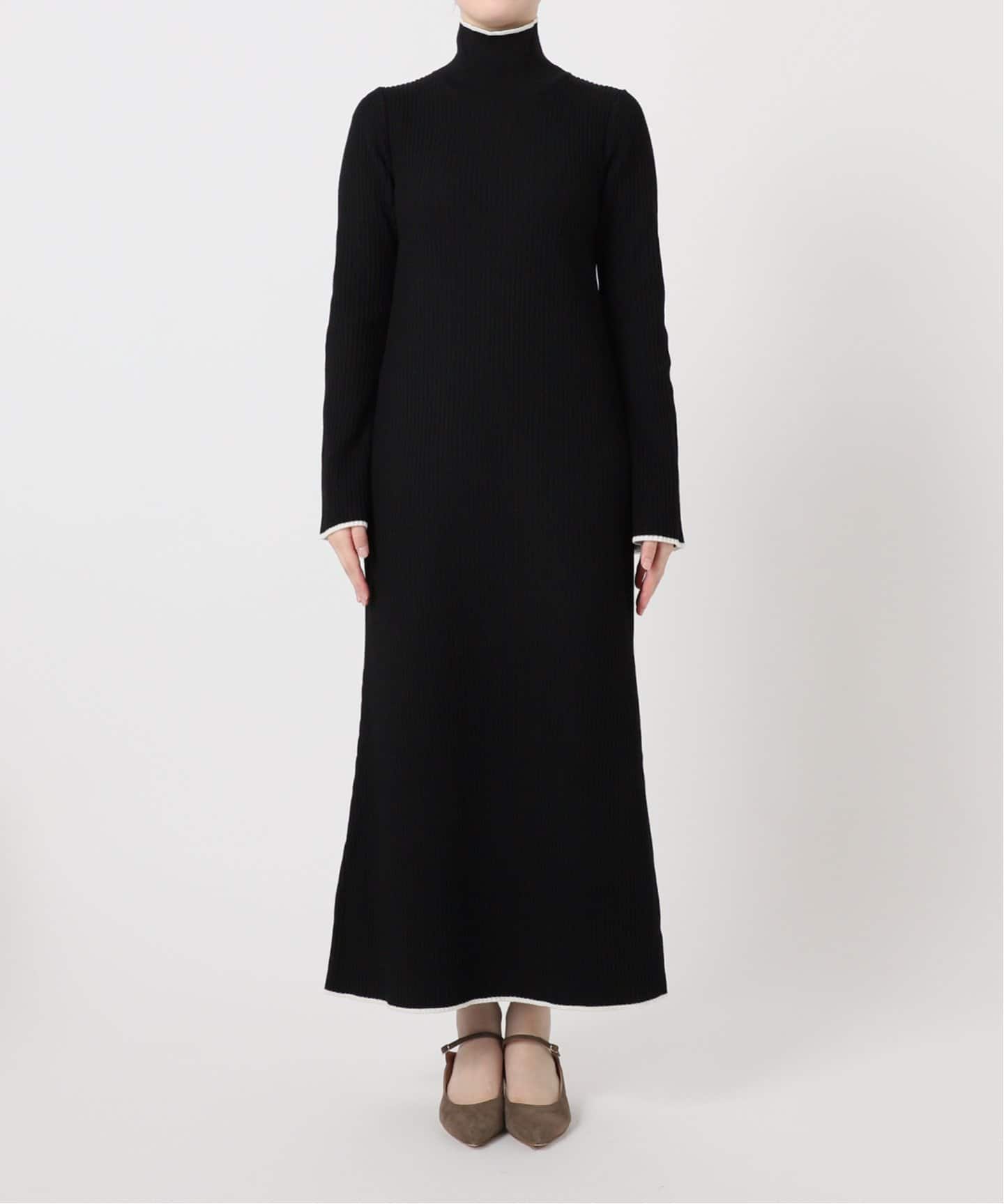 美品　2024 ノーブル　バイカラートリムリブニットワンピース 黒 バイカラートリムリブニットワンピース（ワンピース）｜NOBLE