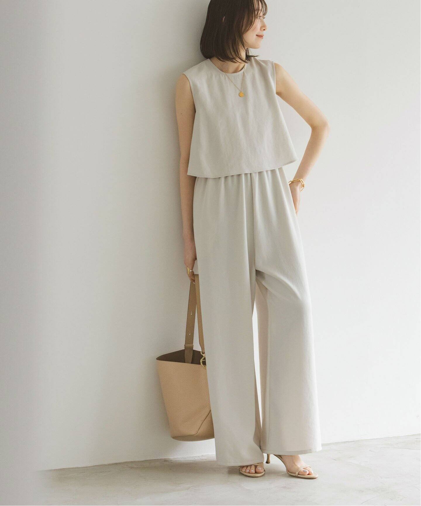 追加》ダブルクレープスリーブレス オールインワン（つなぎ  