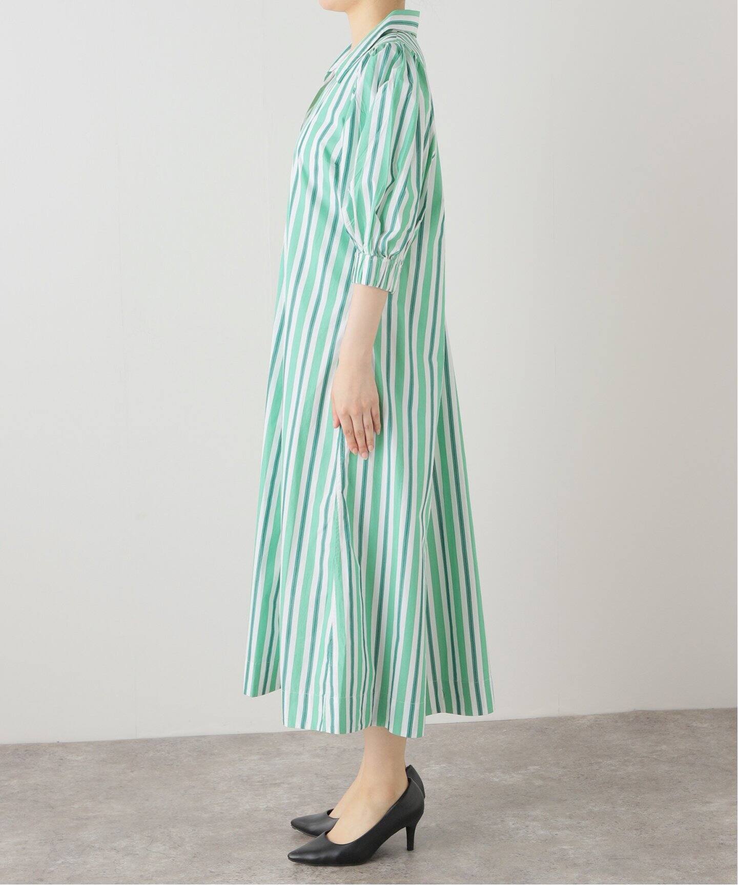 GANNI/ガニー】Stripe Cotton Collar Long Dress：ワンピース 