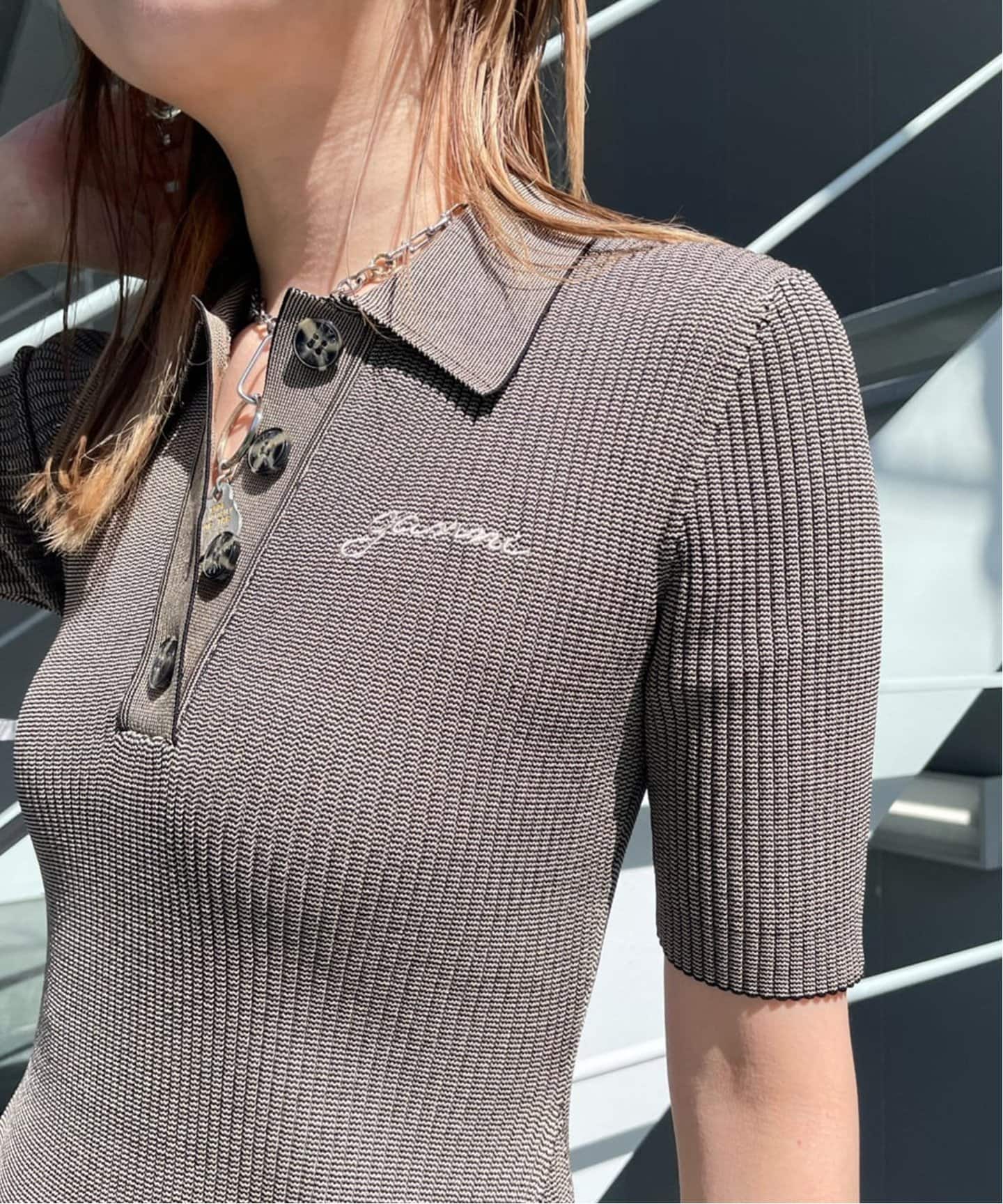 【Ganni】関税込 ブルー メランジリブ編みニット ミニワンピース GANNI / ガニー】Melange Knit Mini Dress:ニットミニ