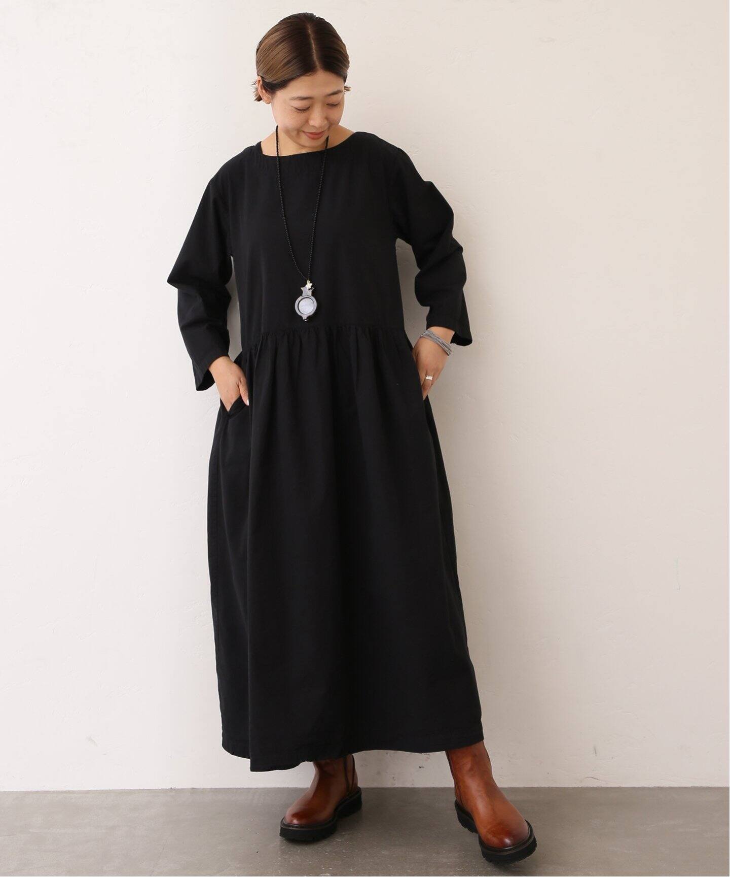 ARMEN 】40S POPLIN BOAT NECK L/SL ONE-PIE（ワンピース）｜journal 