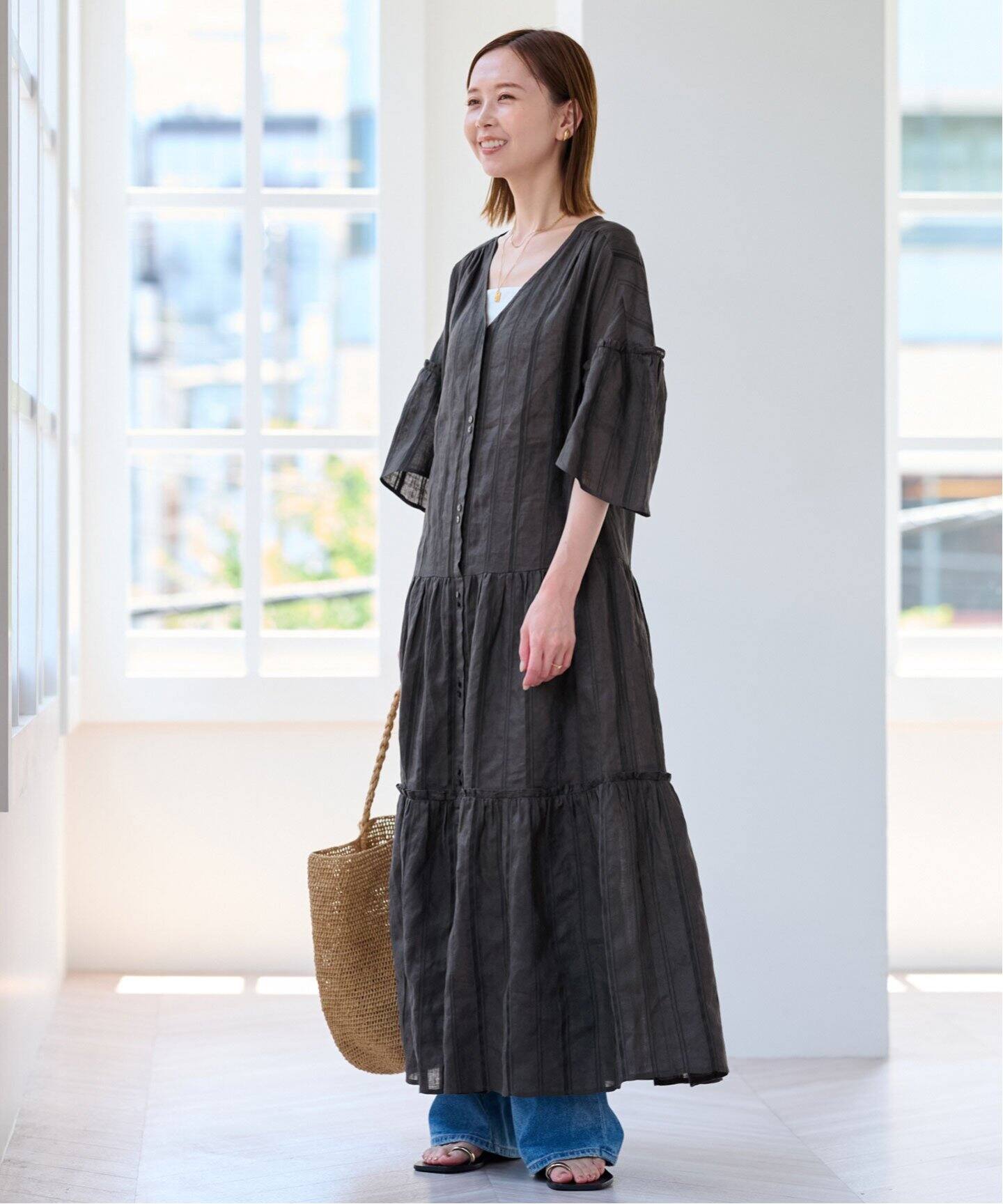 ドビーストライプリネンハーフスリーブワンピース（ワンピース  