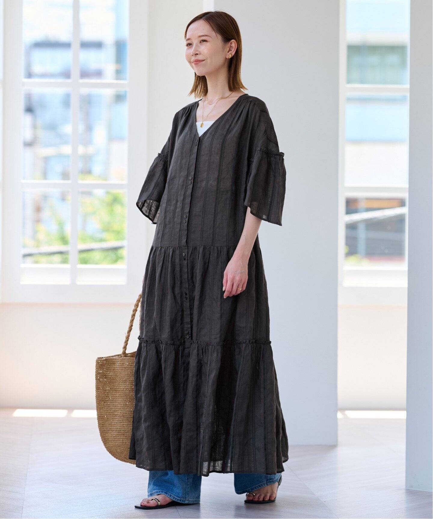 ドビーストライプリネンハーフスリーブワンピース（ワンピース  