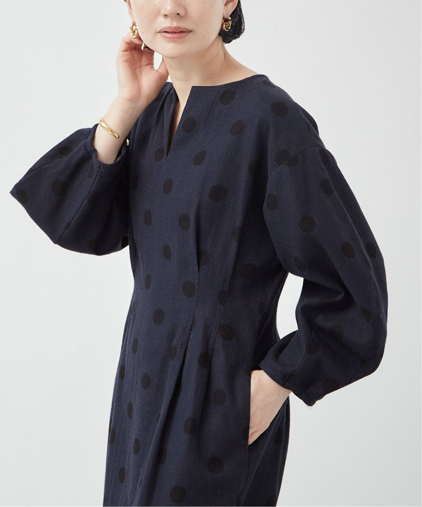 追加》綿麻ドットプリントウエストシェイプワンピース（ワンピース  