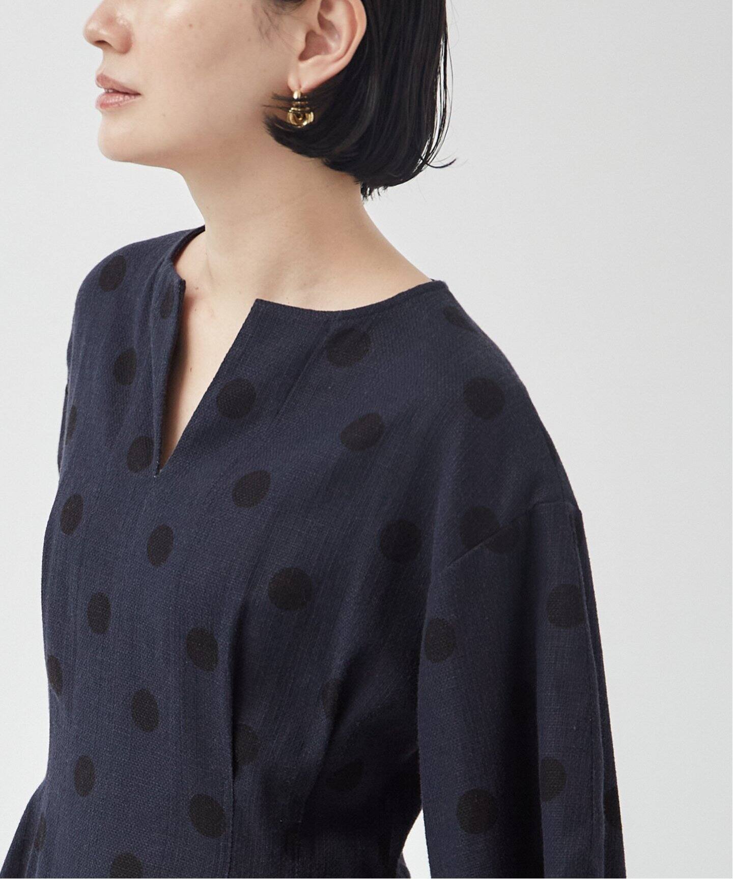 追加》綿麻ドットプリントウエストシェイプワンピース（ワンピース  