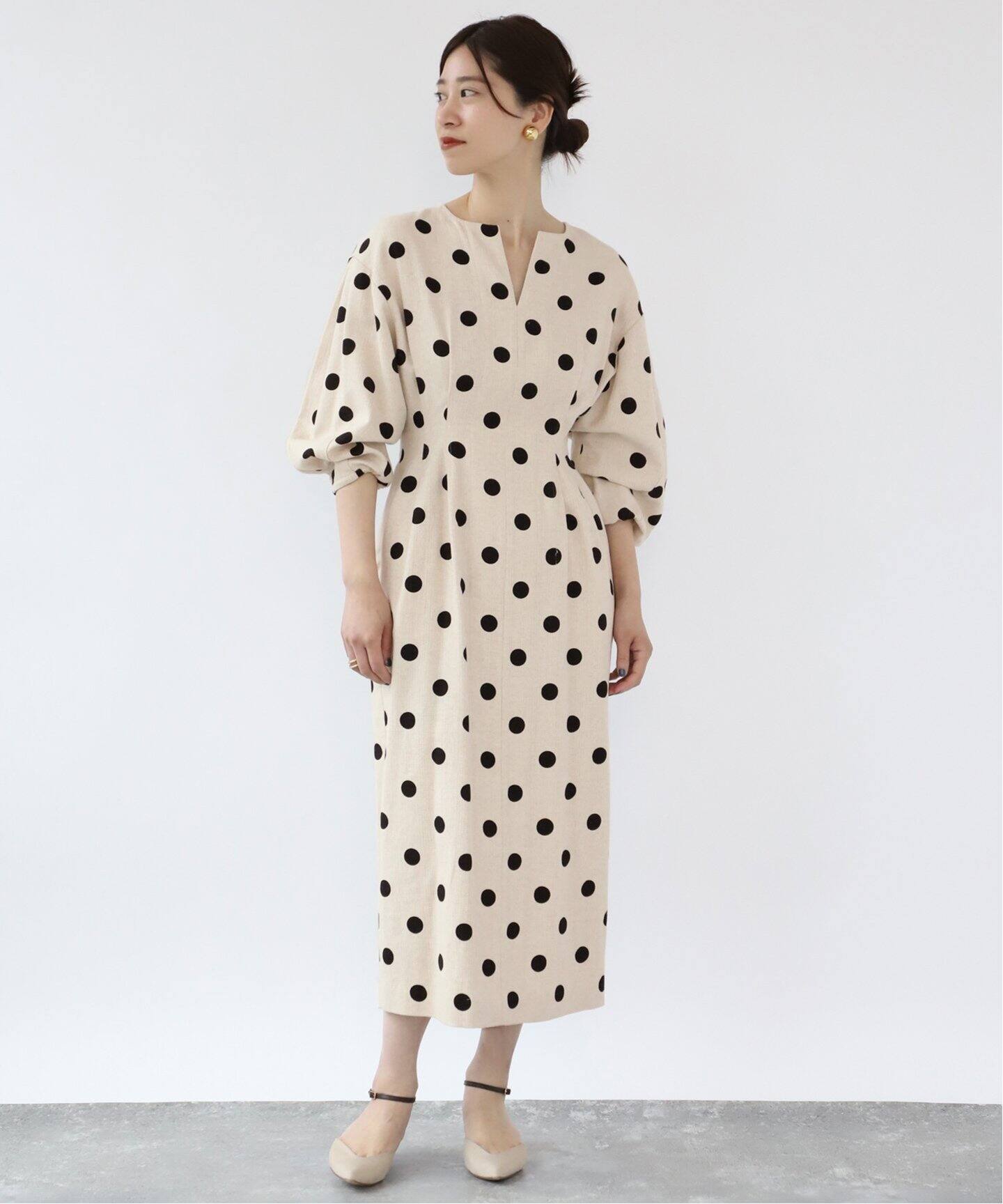 追加》綿麻ドットプリントウエストシェイプワンピース（ワンピース  