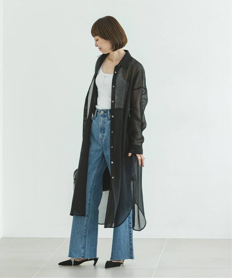 ソフトオーガンジーベルテッドロングシャツ（シャツ／ブラウス 