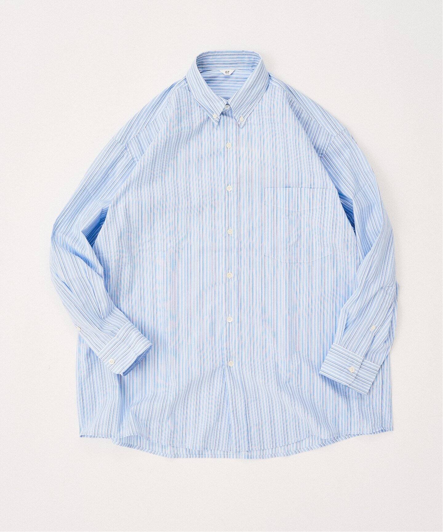 青と白のストライプ ボタンダウンシャツと黒半パンツ セット（BLUE  