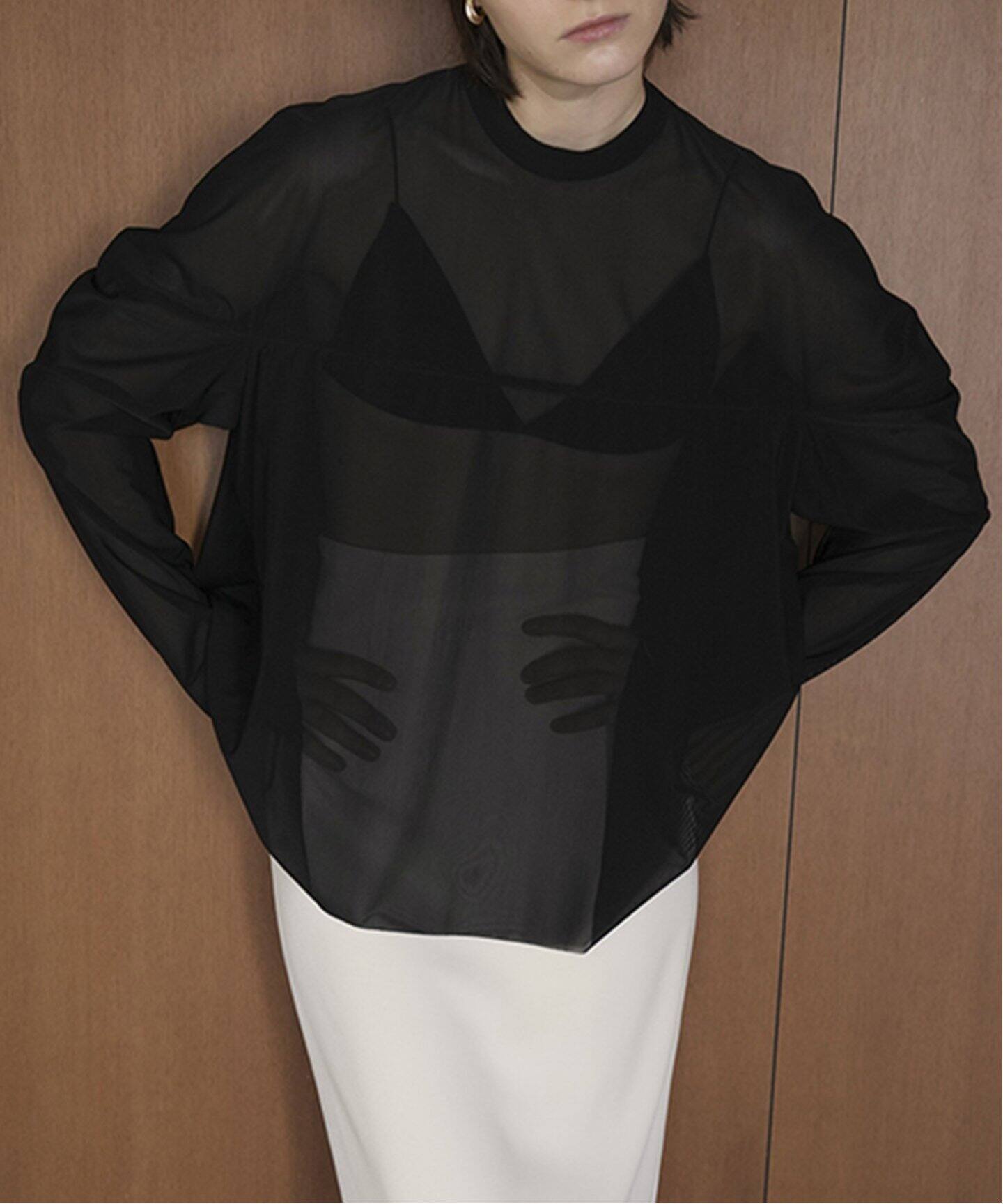 CLANE/クラネ】SHEER MESH CURVE SLEEVE TOPS：シャツ（シャツ 