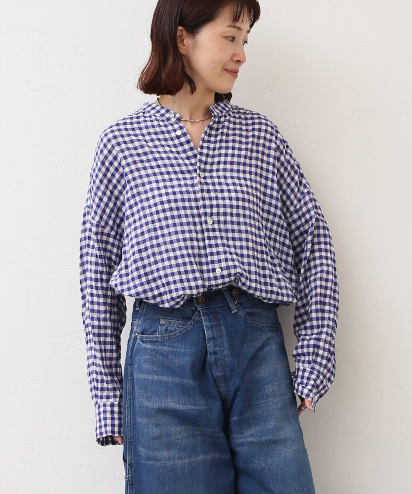 シャーリングチェック スタンドカラーシャツ（シャツ／ブラウス  