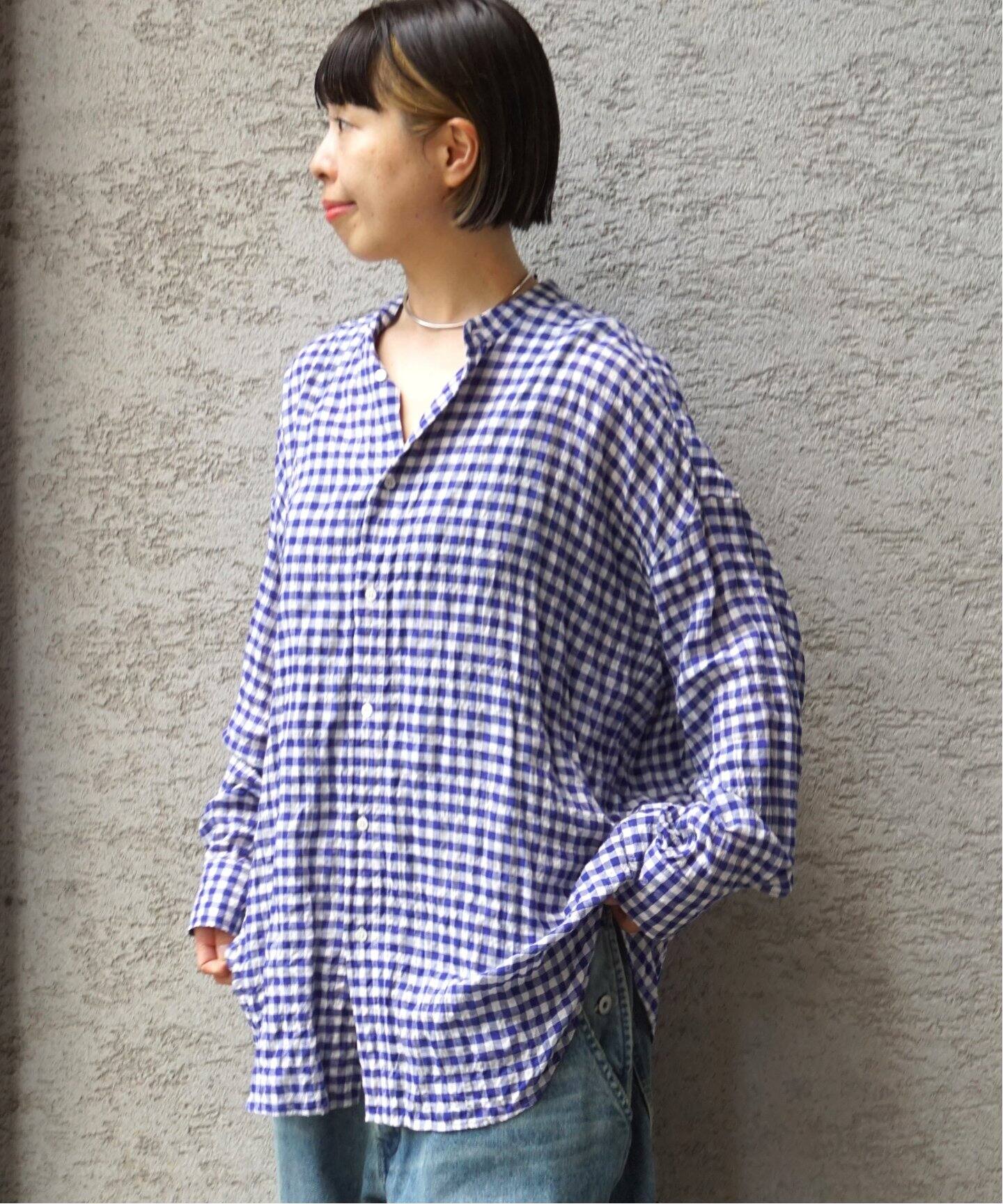 シャーリングチェック スタンドカラーシャツ（シャツ／ブラウス 