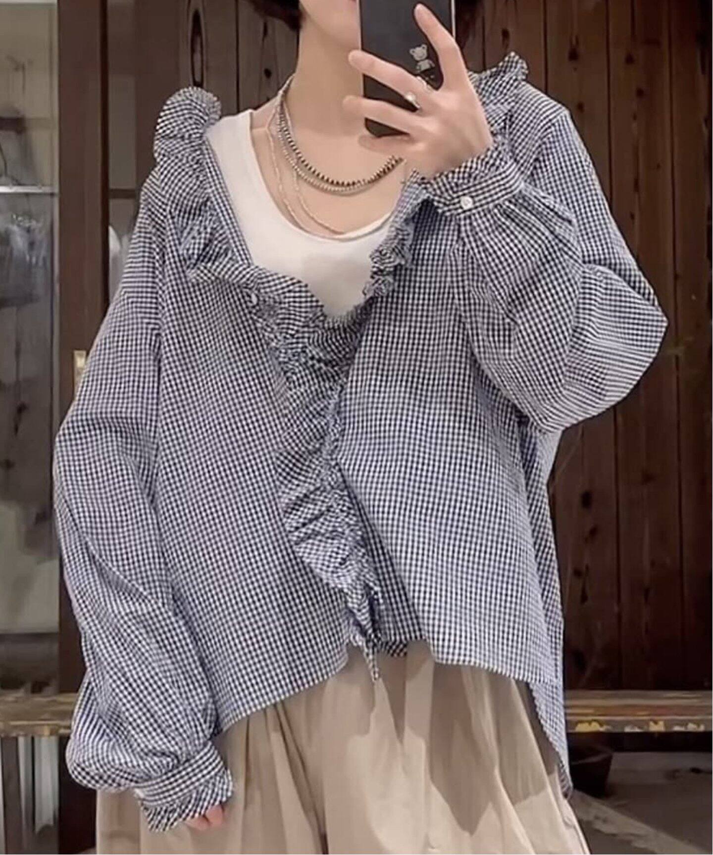 追加》ギンガム フリルブラウス（NV)（シャツ／ブラウス）｜journal  