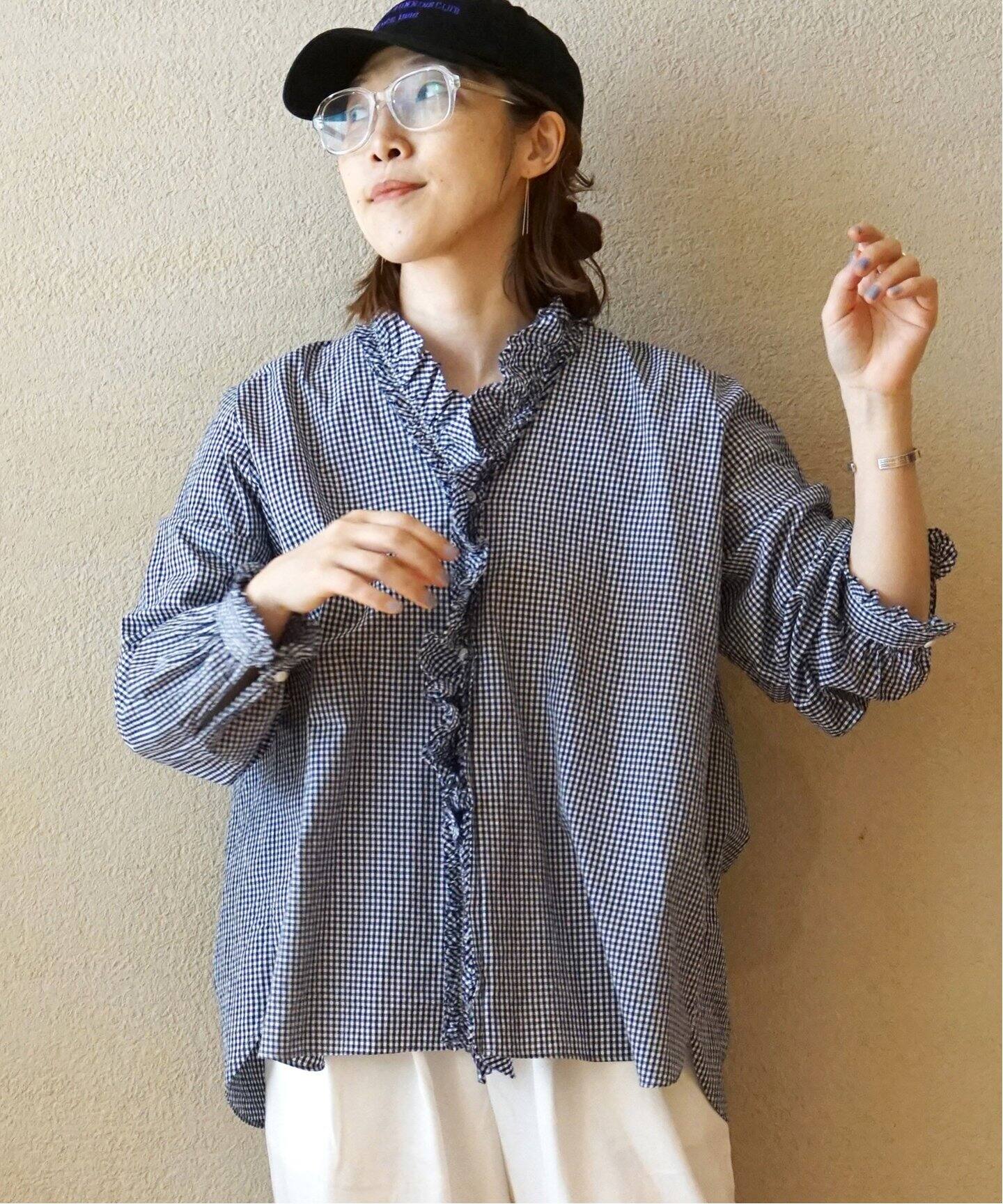 追加》ギンガム フリルブラウス（NV)（シャツ／ブラウス）｜journal  
