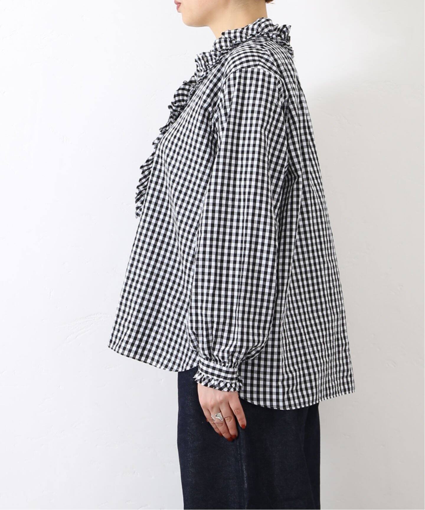 追加》ギンガム フリルブラウス（NV)（シャツ／ブラウス）｜journal  
