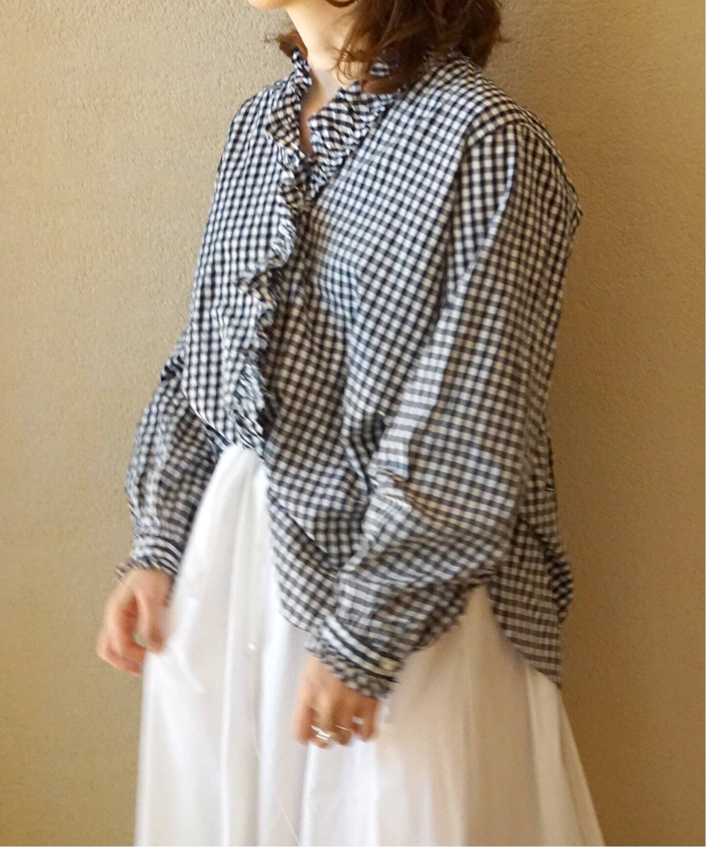 追加》ギンガム フリルブラウス（BLK）（シャツ／ブラウス）｜journal  