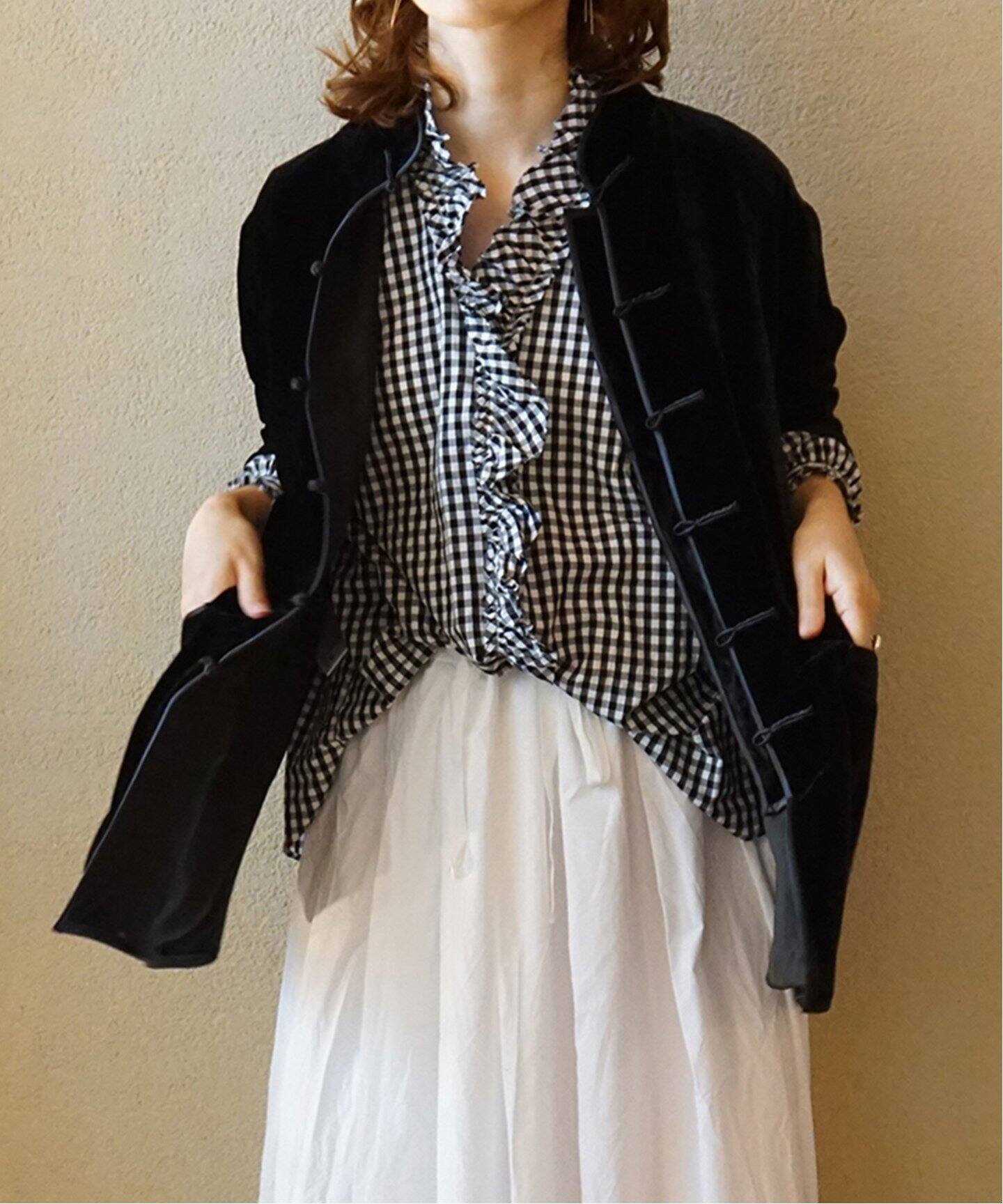 追加》ギンガム フリルブラウス（BLK）（シャツ／ブラウス）｜journal  