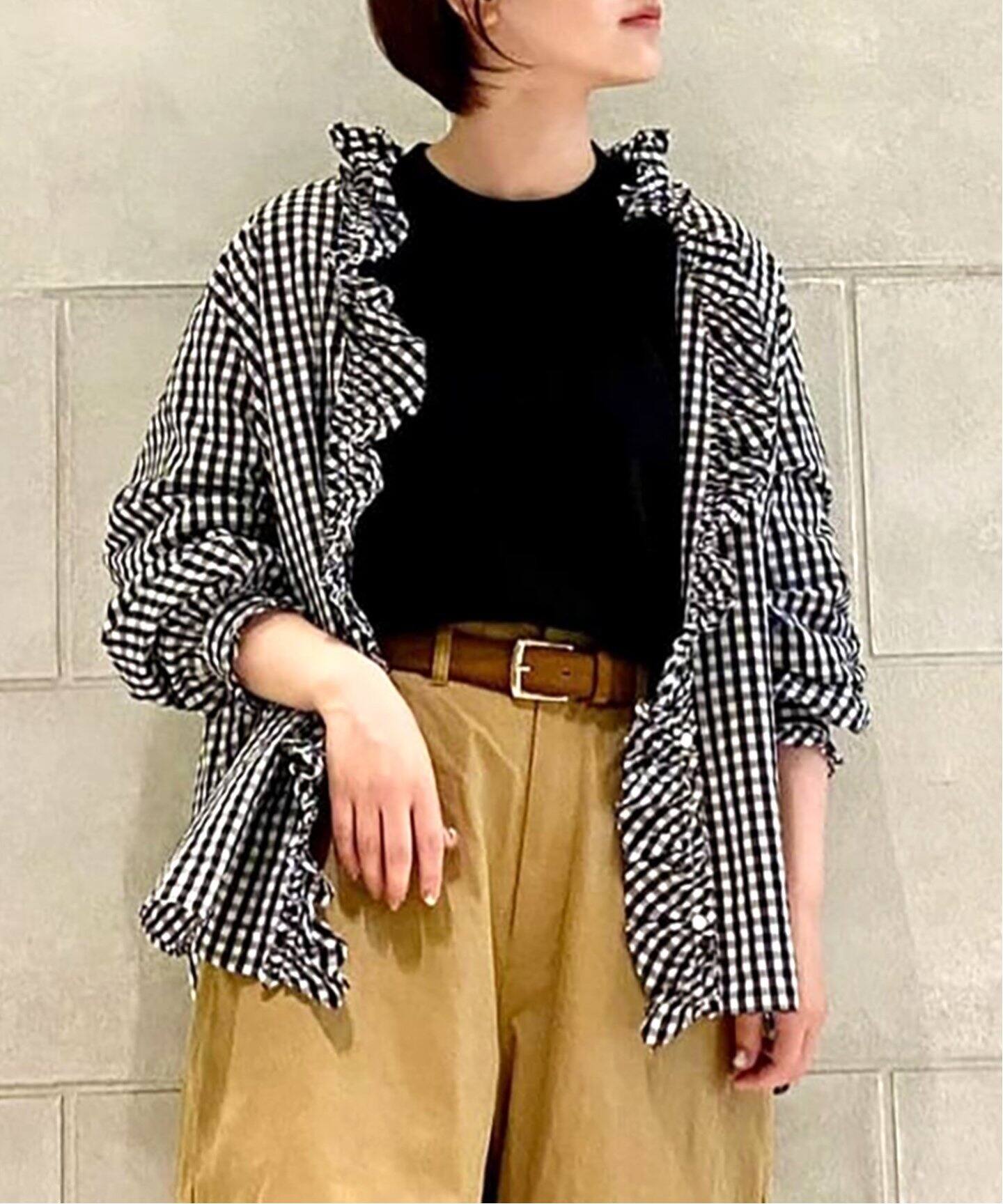 追加》ギンガム フリルブラウス（BLK）（シャツ／ブラウス）｜journal  