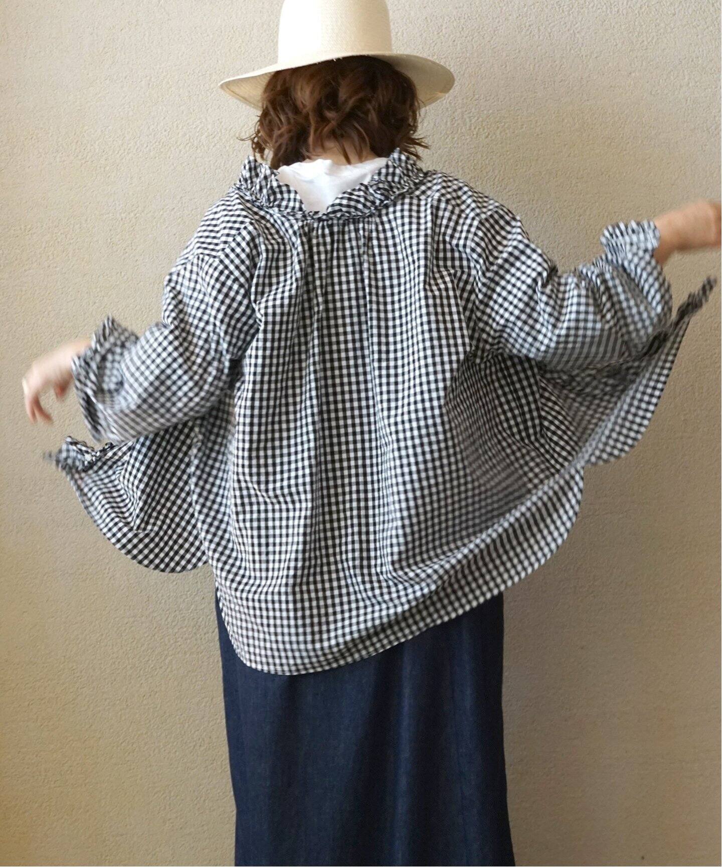 追加》ギンガム フリルブラウス（BLK）（シャツ／ブラウス）｜journal  