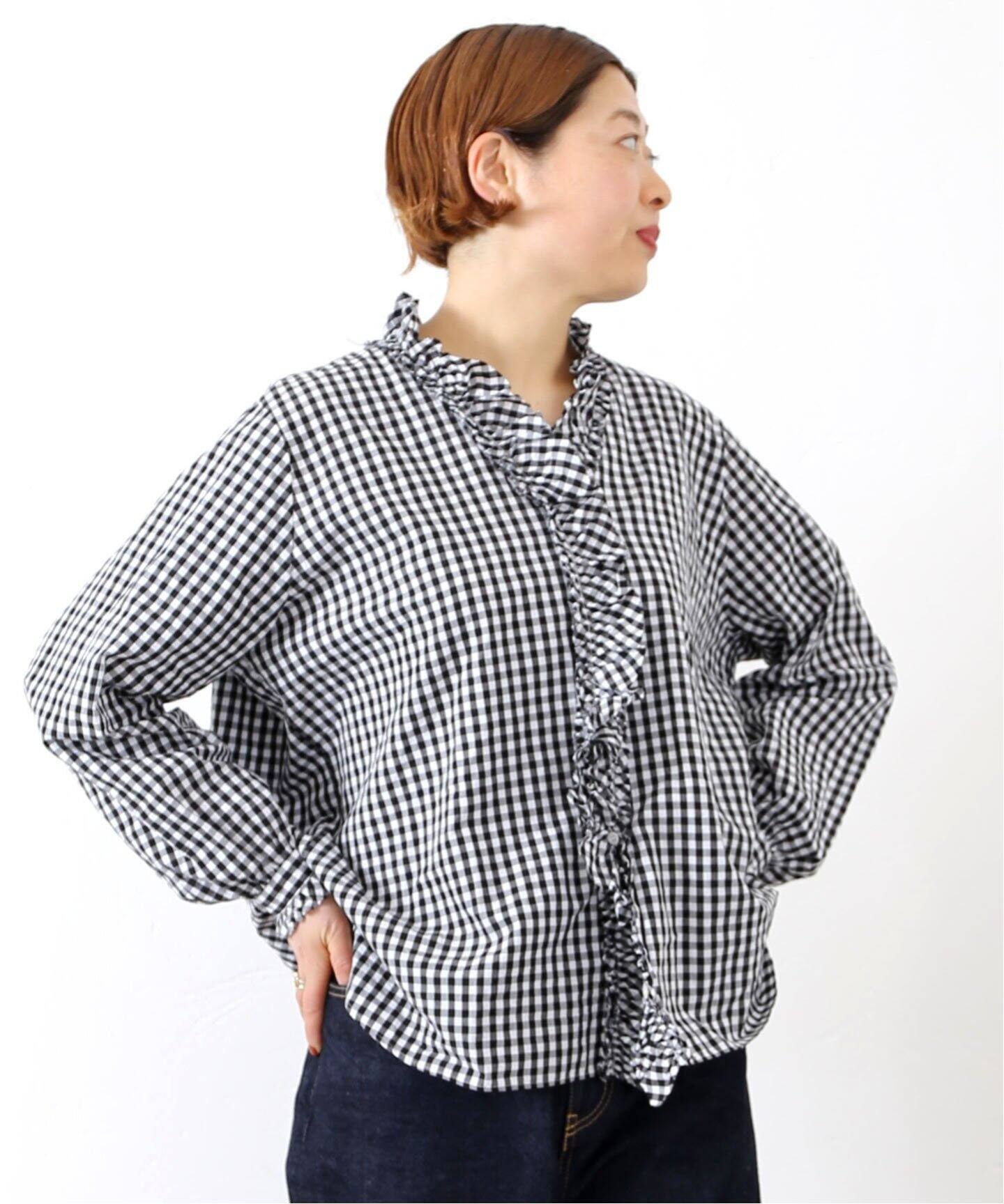 追加》ギンガム フリルブラウス（BLK）（シャツ／ブラウス）｜journal  