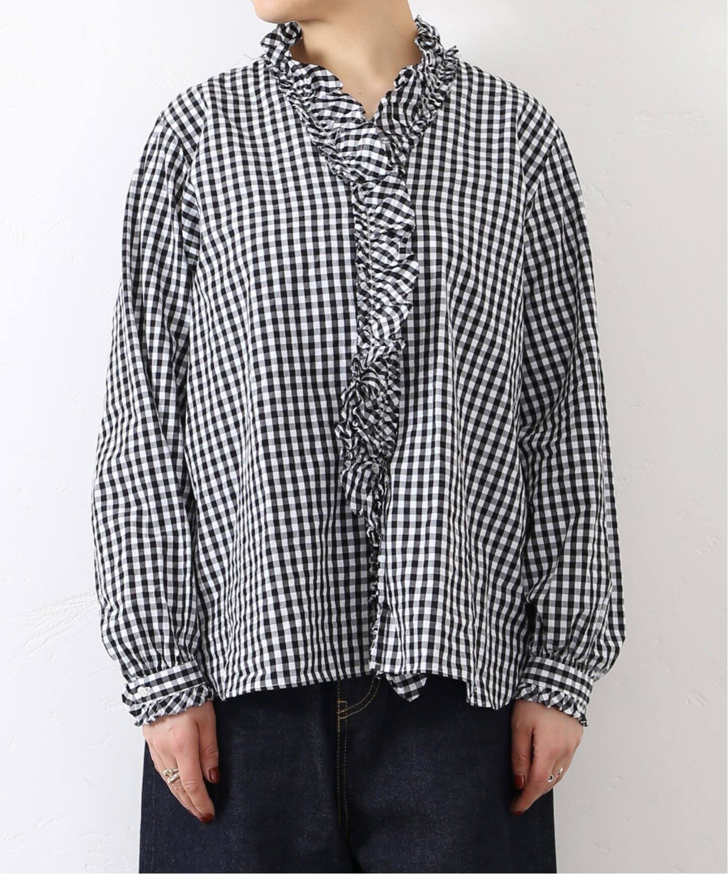 追加》ギンガム フリルブラウス（BLK）（シャツ／ブラウス）｜journal  